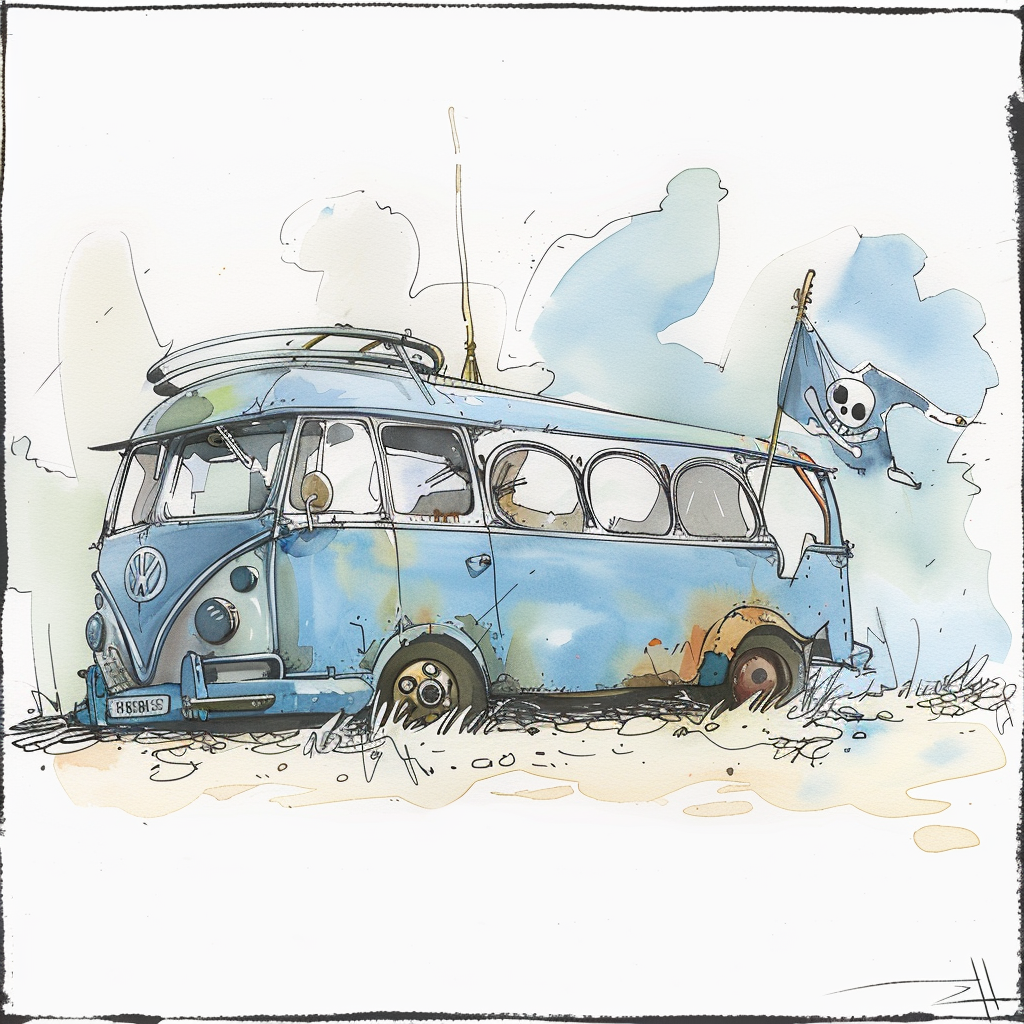 un bus bleu de pirate